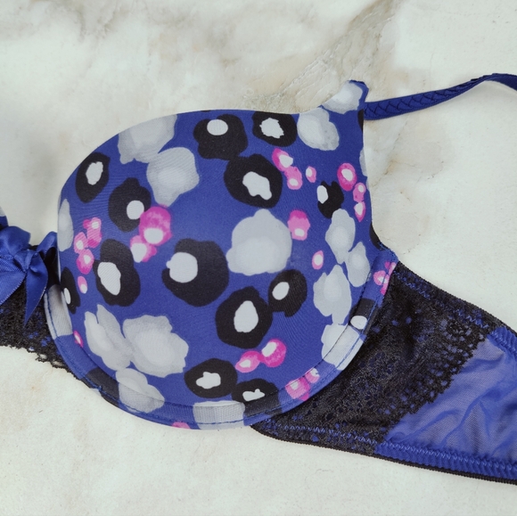 DKNY Blue Pink Black Floral Lace Light Lift Push Up Underwire Bra, Sz 34B - Picture 3 of 9